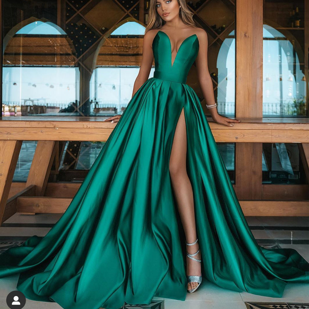 emerald green prom dresses v neck ...